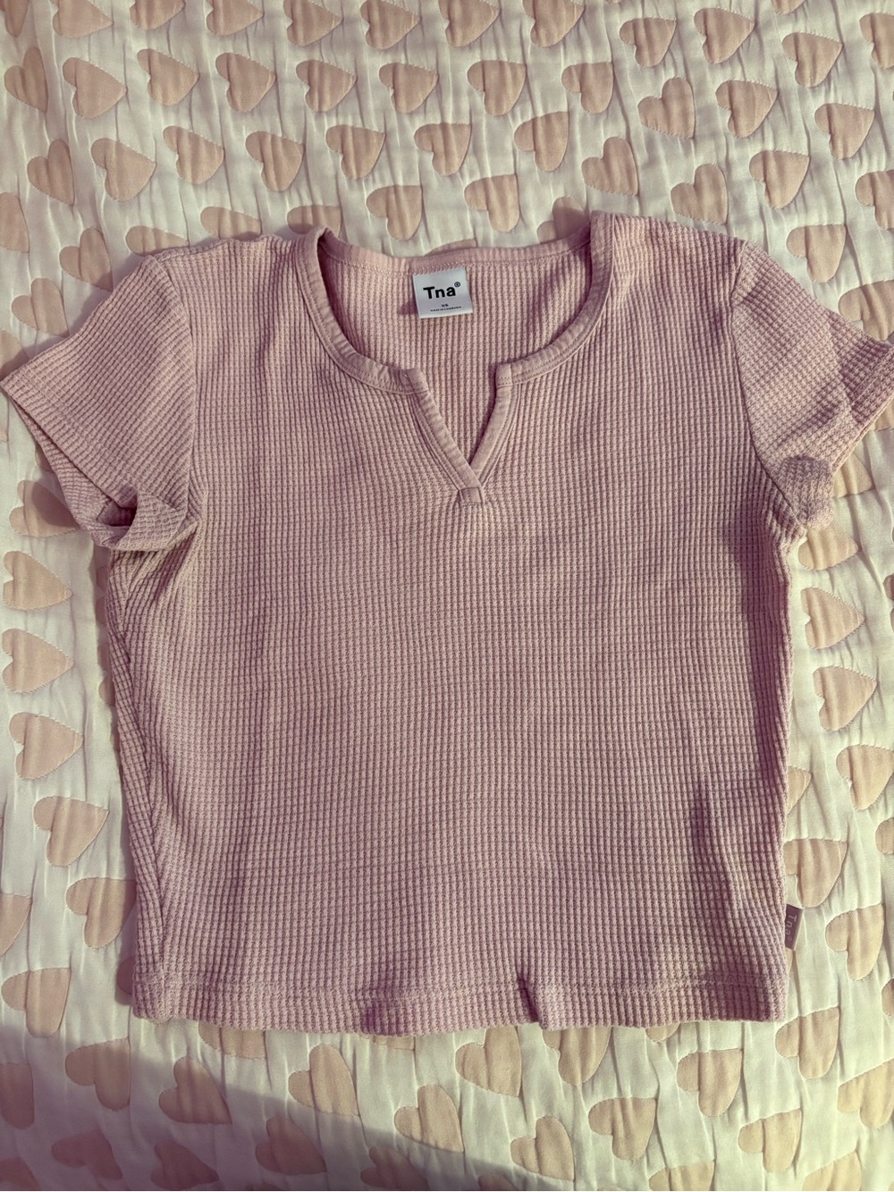 TNA Light Mauve Waffle Knit Notch Neck Crop Top